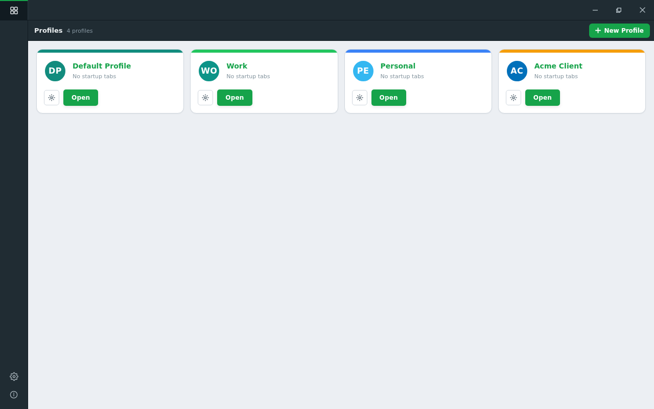 caption: The profiles manager — each card is a fully isolated world.