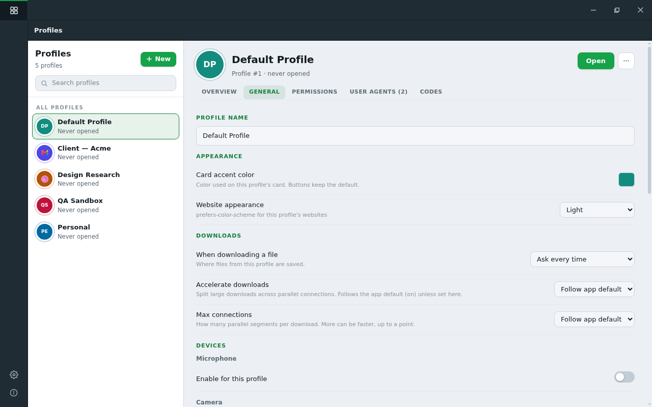 caption: A profile's settings panel — everything here applies to this profile only.