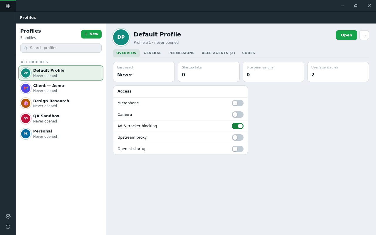 Every profile is a sealed world — and they all live in one window, one click apart.